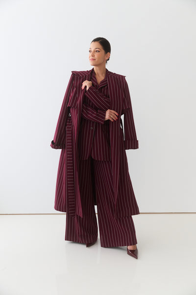 Ágnes Trench Coat / Burgundy Pinstripe