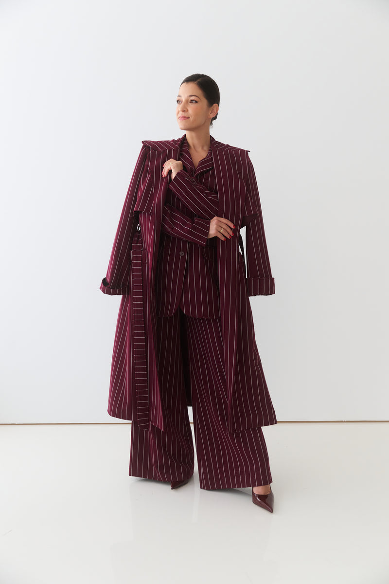Ágnes Trench Coat / Burgundy Pinstripe